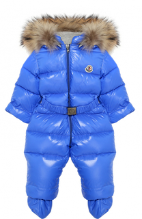 Пуховый комбинезон с капюшоном и меховой отделкой Moncler Enfant