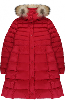 Пуховое пальто с капюшоном и меховой отделкой Moncler Enfant