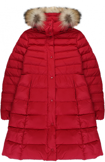 Пуховое пальто с капюшоном и меховой отделкой Moncler Enfant