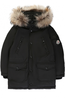 Пуховая парка на молнии с капюшоном и меховой отделкой Moncler Enfant