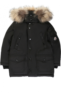 Пуховая парка на молнии с капюшоном и меховой отделкой Moncler Enfant