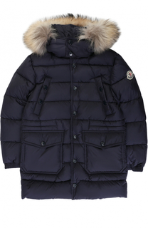 Стеганый пуховик на молнии с капюшоном и меховой отделкой Moncler Enfant