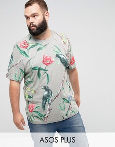 Длинная футболка с цветочным принтом и закругленным краем ASOS PLUS - Серый