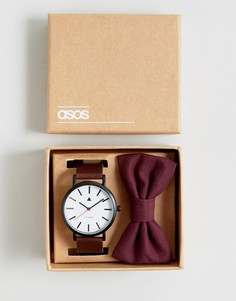 Набор из часов и галстука-бабочки бордового цвета ASOS Wedding - Коричневый