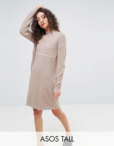Платье крупной вязки в рубчик с высоким воротом ASOS TALL - Розовый