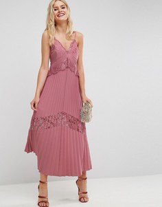Плиссированное платье макси с кружевными вставками ASOS - Розовый