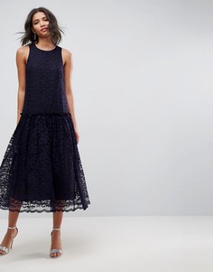 Свободное кружевное платье миди с заниженной талией ASOS - Темно-синий