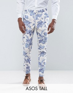 Белые хлопковые брюки скинни с синим цветочным принтом ASOS TALL Wedding - Синий