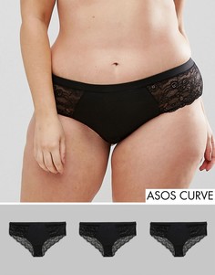 Комплект из 3-х коротких кружевных трусиков из микрофибры ASOS CURVE - Черный