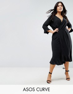 Платье миди с запахом и оборками ASOS CURVE - Темно-синий