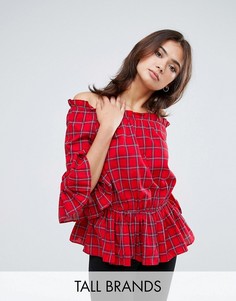 Топ в клетку с открытыми плечами и рукавами клеш New Look Tall - Красный