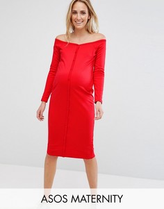 Облегающее платье миди с вырезом сердечком и пуговицами ASOS Maternity - Красный