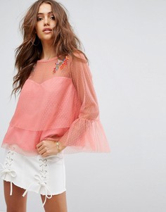 Сетчатая блузка с вышивкой Boohoo - Розовый