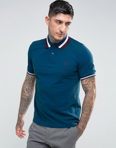 Синее узкое фактурное поло с кантом на воротнике Fred Perry - Синий