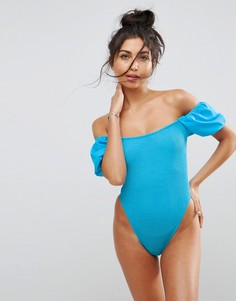 Слитный купальник в стиле 80-х с открытыми плечами и пышными рукавами ASOS - Синий