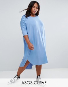 Свободное платье-футболка с закругленным низом ASOS CURVE - Синий