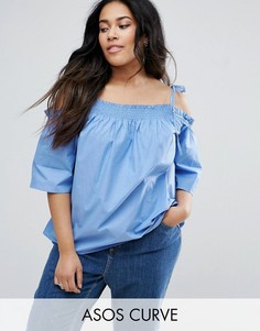 Хлопковый топ с открытыми плечами и бретельками-завязками ASOS CURVE - Синий