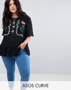 Футболка с вышивкой и оборкой ASOS CURVE - Черный