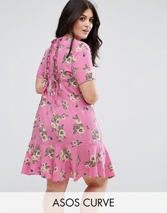Чайное платье со шнуровкой и цветочным принтом ASOS CURVE - Мульти