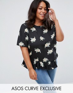 Футболка с монохромным цветочным принтом и оборкой по нижнему краю ASOS CURVE - Мульти