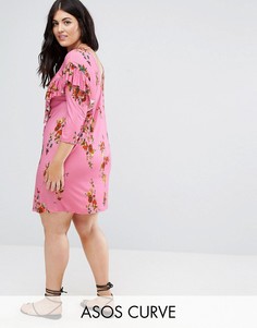 Платье-футболка мини с оборкой и цветочным принтом ASOS CURVE - Мульти