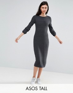 Платье миди крупной вязки со вставками в рубчик ASOS TALL - Серый