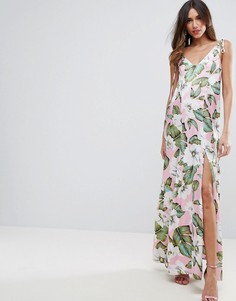 Атласное платье макси с принтом и завязками на плечах ASOS - Мульти
