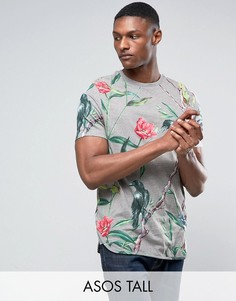 Длинная футболка с цветочным принтом и закругленным краем ASOS TALL - Серый