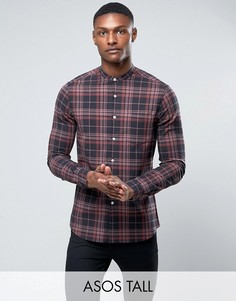 Эластичная рубашка узкого кроя в клетку с воротником-стойкой ASOS TALL - Темно-синий