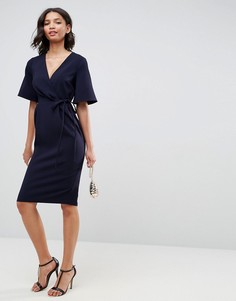 Платье миди с запахом на лифе и завязкой на поясе ASOS - Темно-синий