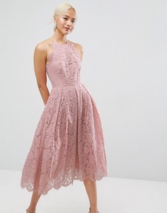 Кружевное платье миди для выпускного с фигурными краями ASOS - Розовый