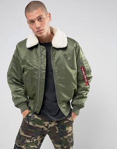 Зеленый бомбер с воротником из искусственного меха Alpha Industries B15 - Зеленый