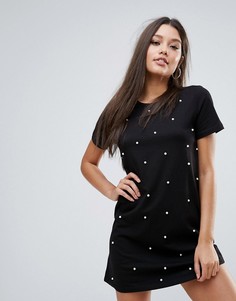 Платье-футболка с отделкой искусственным жемчугом Boohoo - Черный