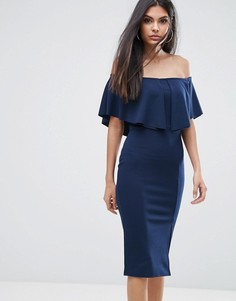 Облегающее платье с открытыми плечами и рюшами Lipsy - Темно-синий