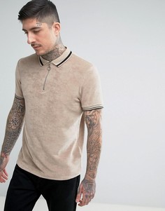 Бежевая махровая футболка-поло с молнией и кантом ASOS - Бежевый