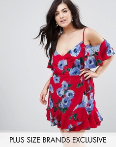 Чайное платье с открытыми плечами, запахом и крупным цветочным принтом John Zack Plus - Красный