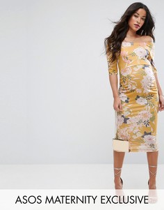 Желтое платье с открытыми плечами, рукавами до локтя и цветочным принтом ASOS Maternity - Мульти