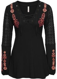 Удлиненный топ с кружевом (черный с узором) Bonprix