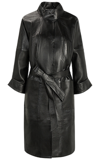 Черное кожаное пальто с поясом La Reine Blanche