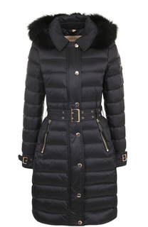 Стеганый пуховик с поясом и меховой отделкой капюшона Burberry