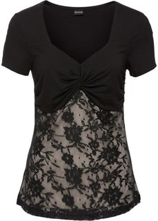 Футболка с кружевной вставкой (черный/бежевый) Bonprix