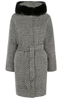Твидовое пальто с поясом и отделкой мехом кролика La Reine Blanche