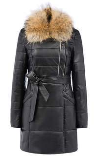 Зимняя кожаная куртка с поясом и отделкой мехом енота La Reine Blanche