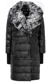 Зимнее кожаное пальто с отделкой мехом козлика La Reine Blanche