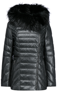 Зимняя кожаная куртка с отделкой  мехом енота La Reine Blanche