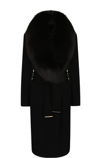 Шерстяное пальто с поясом и отделкой из меха лисы Roberto Cavalli