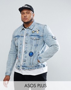 Выбеленная джинсовая куртка с нашивками ASOS PLUS - Синий
