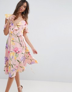 Платье миди с вырезами на плечах, цветочным принтом и рюшами ASOS - Мульти