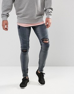 Черно-синие супероблегающие рваные джинсы в байкерском стиле ASOS - Серый