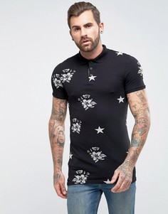 Длинное обтягивающее поло с цветочным и звездным принтом ASOS - Черный